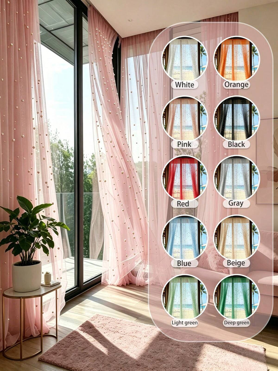 HOMPOOLL 1Pc Blush Pink Pearl Beaded Sheer Curtains, Romantic Luxury Pearl Embellished Light Filtering Voile Window Drapes, Aesthetic Privacy Semi-Sheer Curtains For Bedroom Living Room Apartment Wedding Bridal Shower Party Backdrop Home Decor